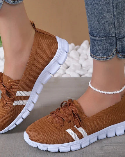Women's Striped Lace-Up Trainers - Breathable Sneakers with Soft Sole