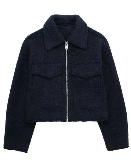 Women's Long Sleeve Woolen Zipper Jacket with Pockets
