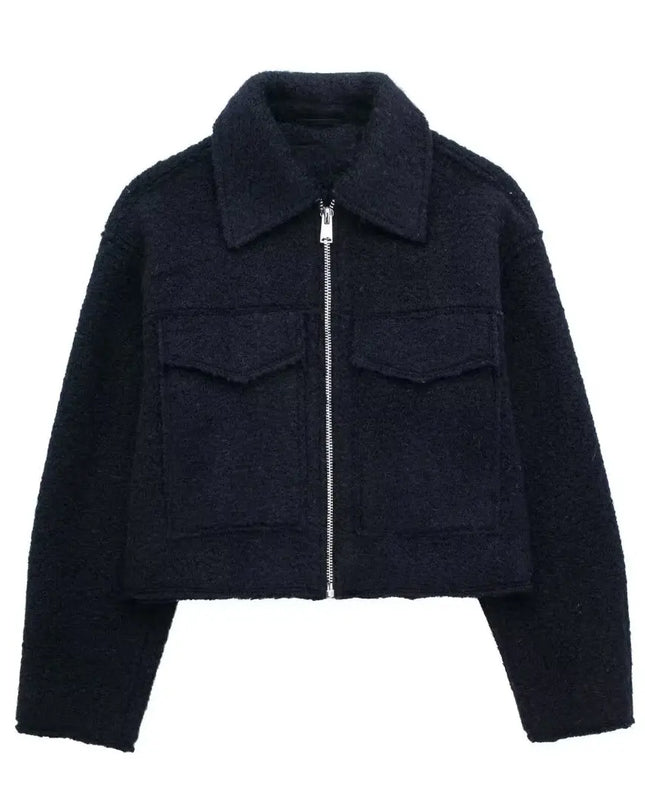 Women's Long Sleeve Woolen Zipper Jacket with Pockets