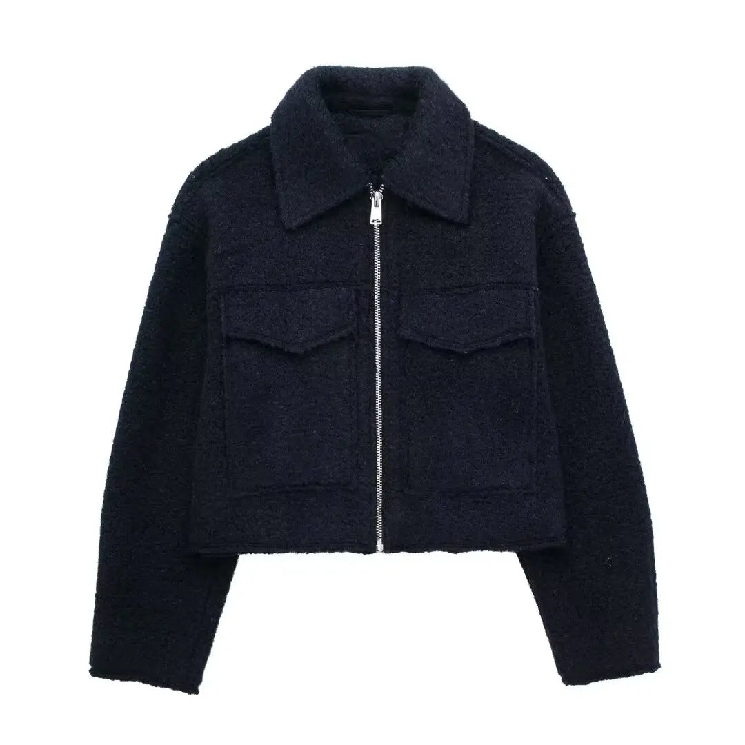 Women's Long Sleeve Woolen Zipper Jacket with Pockets