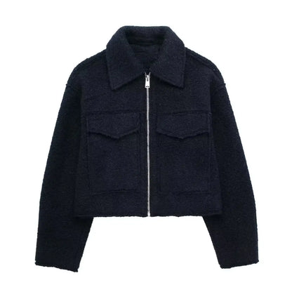 Women's Long Sleeve Woolen Zipper Jacket with Pockets
