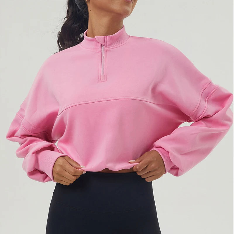 Women's High Neck Oversized Quarter Zip Cropped Sweater with Drawstring