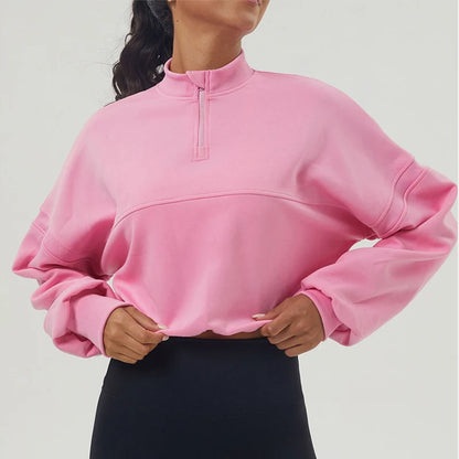 Women's High Neck Oversized Quarter Zip Cropped Sweater with Drawstring