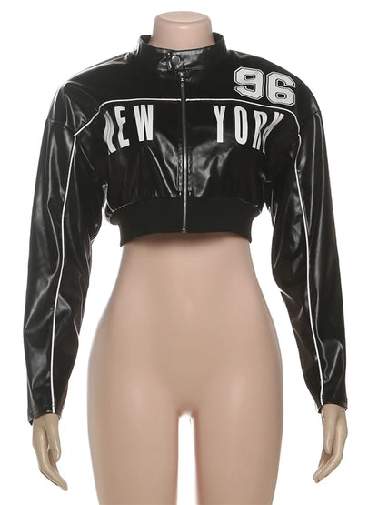Women's Letter Print PU Crop Jacket