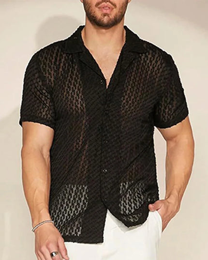 Men's Short Sleeve Mesh Lace Hollow Out Shirt