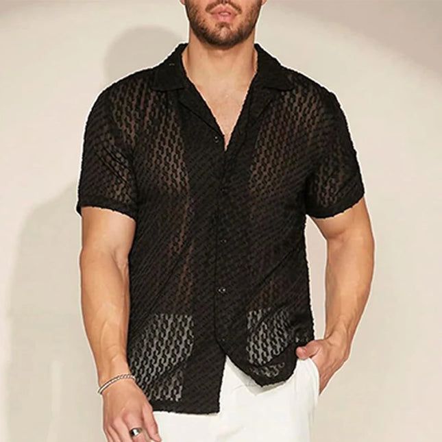 Men's Short Sleeve Mesh Lace Hollow Out Shirt