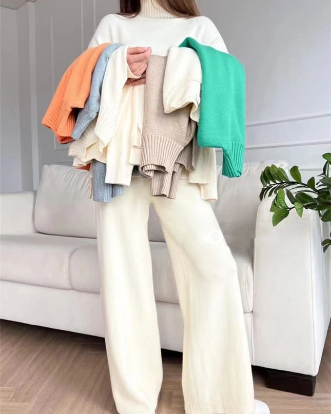 Women's 2 Piece Knitted Turtleneck Sweater & Straight Leg Pants Set
