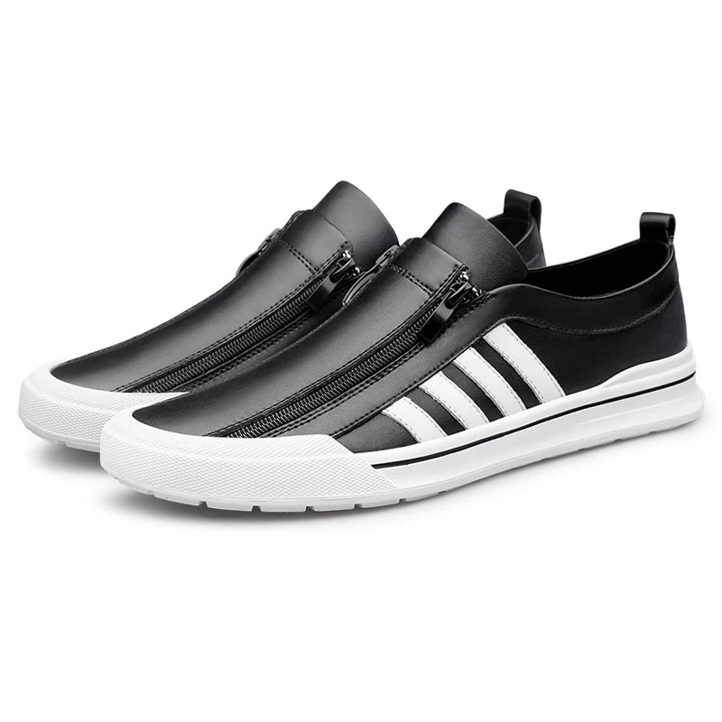 Men's Genuine Leather Zipper Flat Sneakers - Stylish Comfortable Casual Footwear
