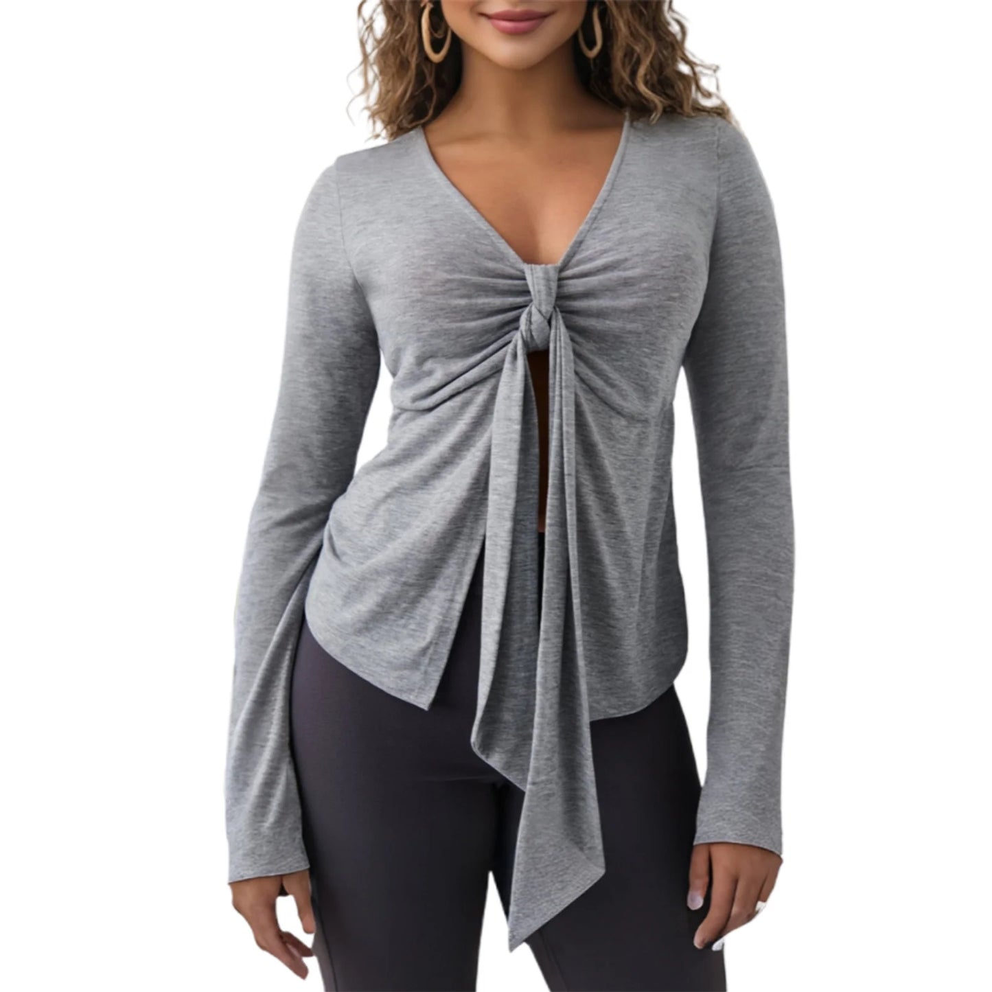 Women's Long Sleeve V-Neck Tie-Front Blouse