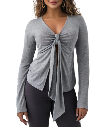 Women's Long Sleeve V-Neck Tie-Front Blouse