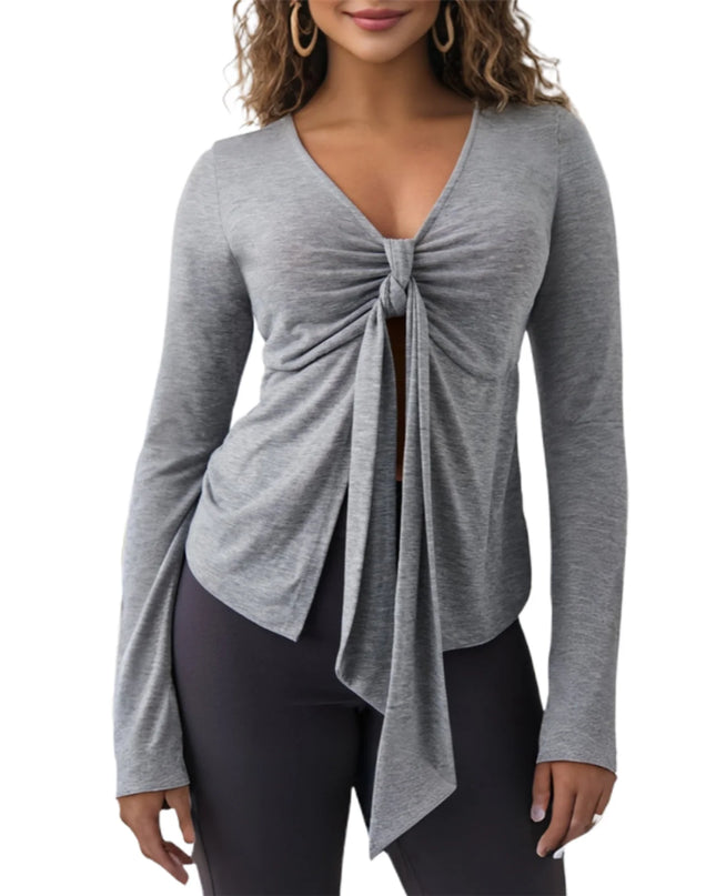 Women's Long Sleeve V-Neck Tie-Front Blouse