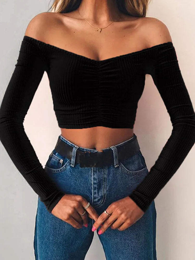 Women's Off-Shoulder Long Sleeve Cropped Top