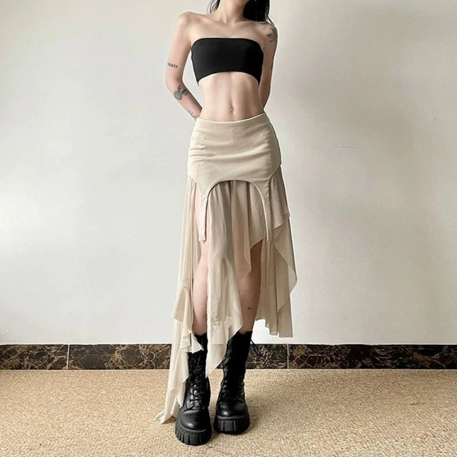 Women’s Slit Skirt with Irregular Hem & Ruffle Design