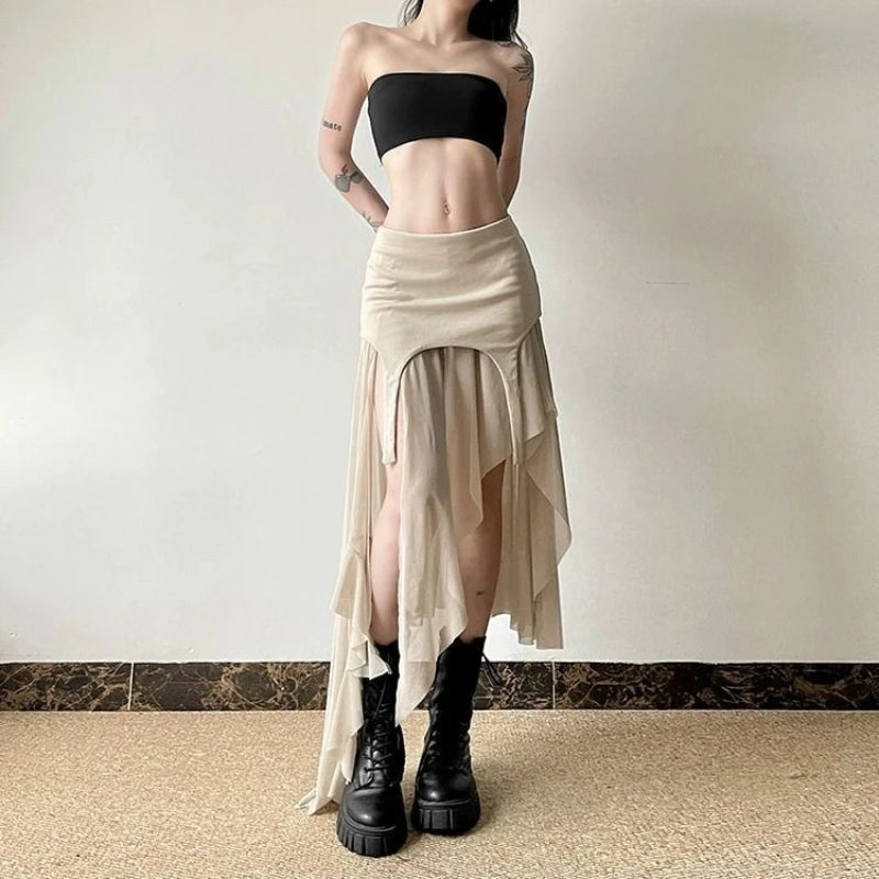 Women’s Slit Skirt with Irregular Hem & Ruffle Design