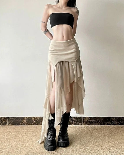 Women’s Slit Skirt with Irregular Hem & Ruffle Design
