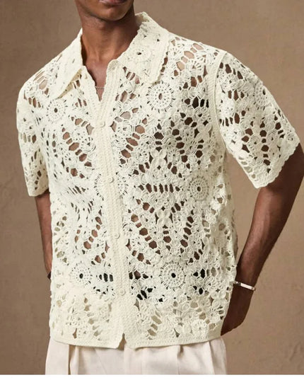 Men's Breathable Mesh Crochet Polo Shirt - Short-Sleeve Knitted Design
