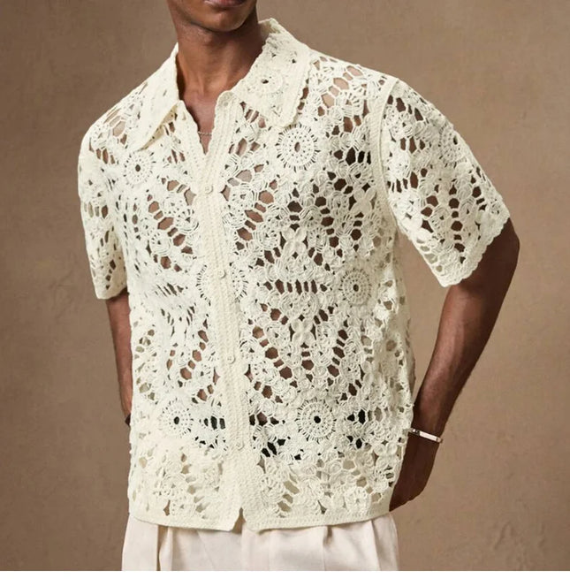 Men's Breathable Mesh Crochet Polo Shirt - Short-Sleeve Knitted Design