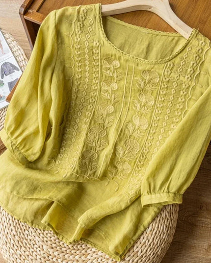 Women's Retro O-Neck Embroidered Half Sleeve Loose Casual Ruched Cotton Blouse