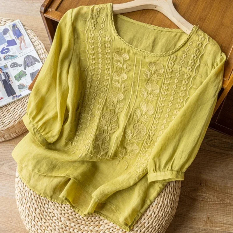 Women's Retro O-Neck Embroidered Half Sleeve Loose Casual Ruched Cotton Blouse