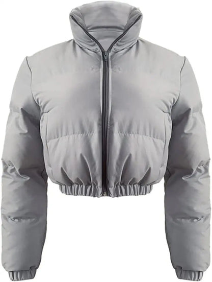 Women's Cropped Puffer Jacket - Casual Zip-Up Cotton Jacket with Padding
