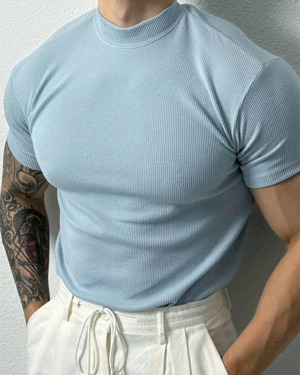 Men's Slim Fit Short Sleeve T-Shirt with High Collar and Stripe Design
