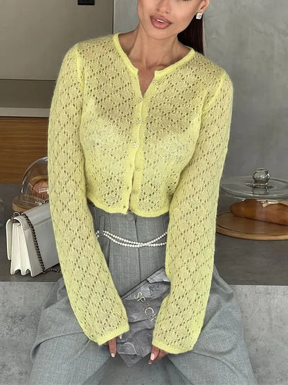 Women's Hollow Out Knit Cardigan - Long Sleeve Casual Cropped See-Through Knitwear