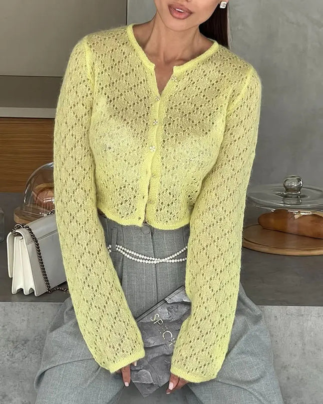 Women's Hollow Out Knit Cardigan - Long Sleeve Casual Cropped See-Through Knitwear