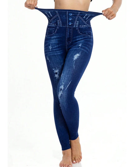 Women's Casual Faux Denim High-Waist Elastic Pants
