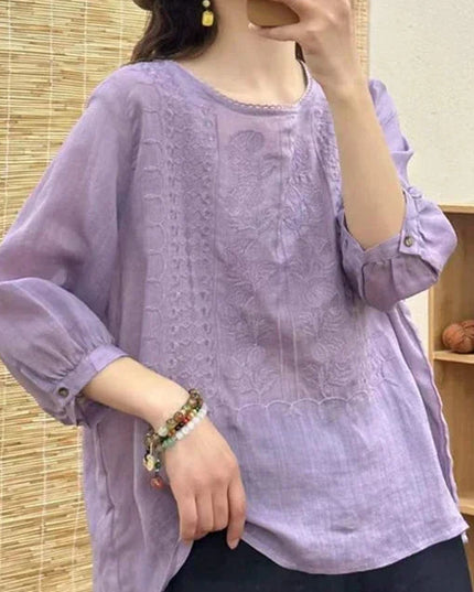 Women's Retro O-Neck Embroidered Half Sleeve Loose Casual Ruched Cotton Blouse
