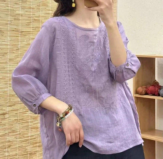 Women's Retro O-Neck Embroidered Half Sleeve Loose Casual Ruched Cotton Blouse