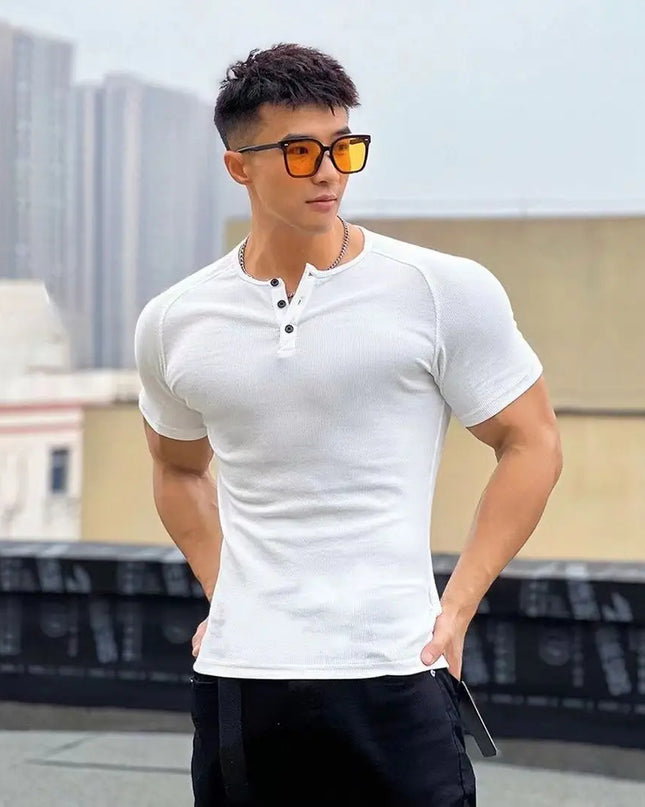 Men's Slim Fit Muscle T-Shirt - Half Button O-Neck