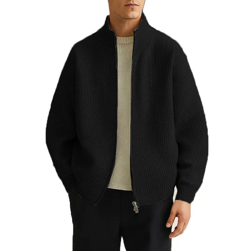 Men's Full Zip Cardigan Sweater with Mock Neck - Ribbed Knitted Men's Casual Sweater