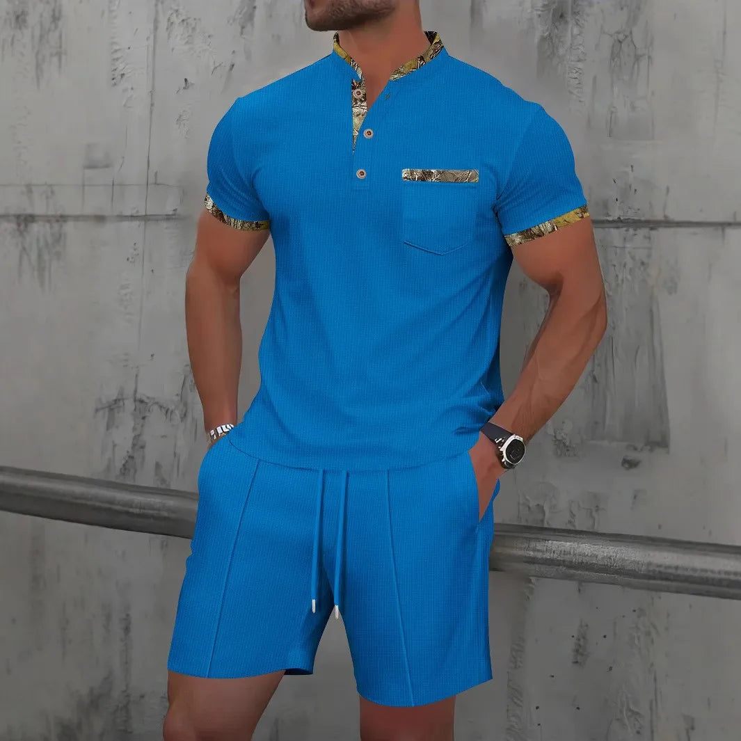 Men's Two-Piece Zip-Up Lapel T-Shirt and Shorts Set - Casual Summer Activewear