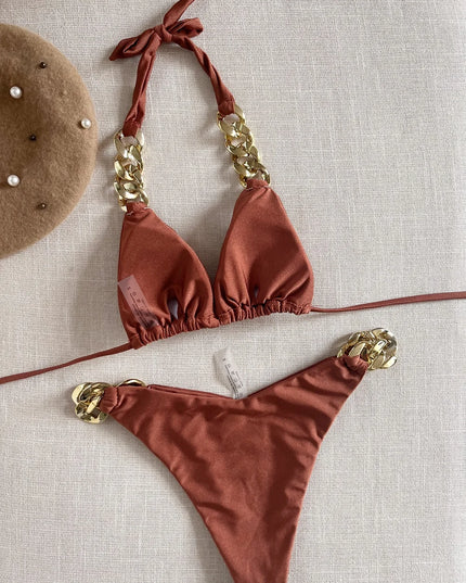 Women's Two-Piece Halter Bikini Set with Push-Up Triangle Top - Various Colors