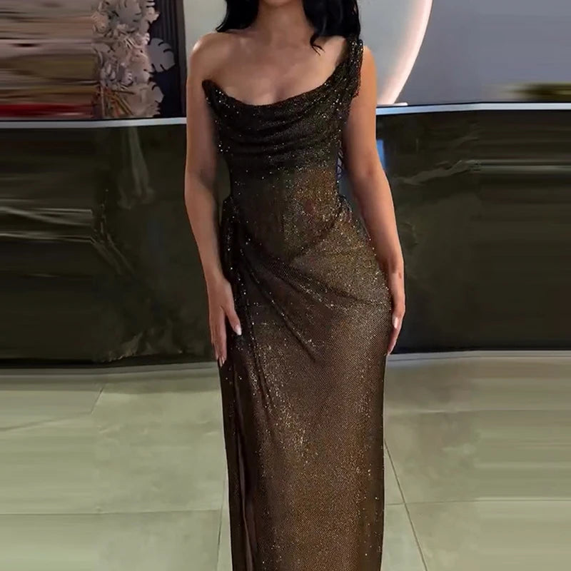 Women's Elegant One Shoulder Glitter Maxi Dress - Full Length High Split Slim Fit