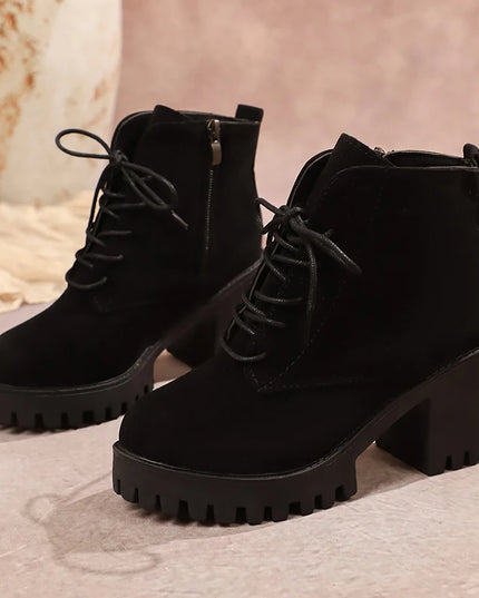 Women's Chunky Heel Ankle Boots with Platform Sole – Side Zip & Lace-Up Design