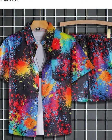 Men's Two-Piece Loose Fit Tie-Dye Striped Shirt and Shorts Set