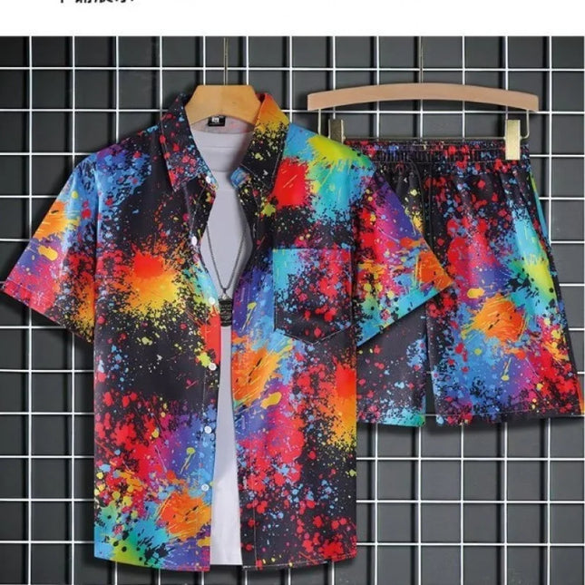 Men's Two-Piece Loose Fit Tie-Dye Striped Shirt and Shorts Set