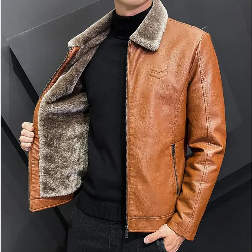 Men's Vintage Faux Leather Jacket with Faux Fur Collar - Various Colors