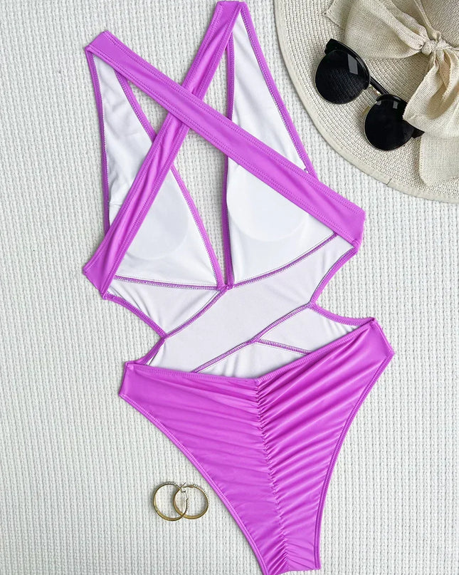 Women's Deep V Neck Cross Backless One-Piece Swimsuit - High Cut, Stylish & Flattering Swimwear