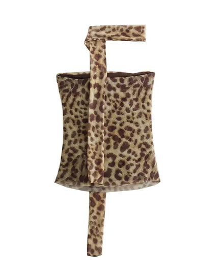 2-Piece Leopard Print Tulle Crop Top Set for Women - Ruched Off-Shoulder Bandeau & Sleeveless Backless Design