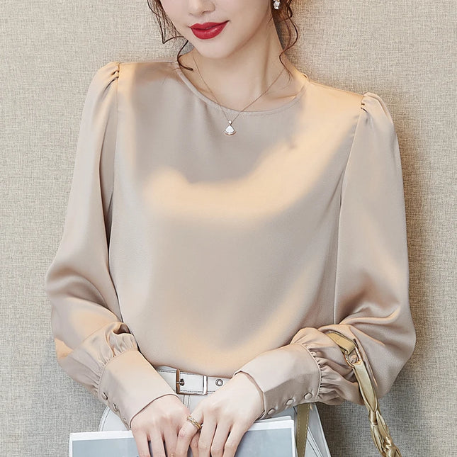 Women's Elegant Satin O-Neck Long Sleeve Blouse