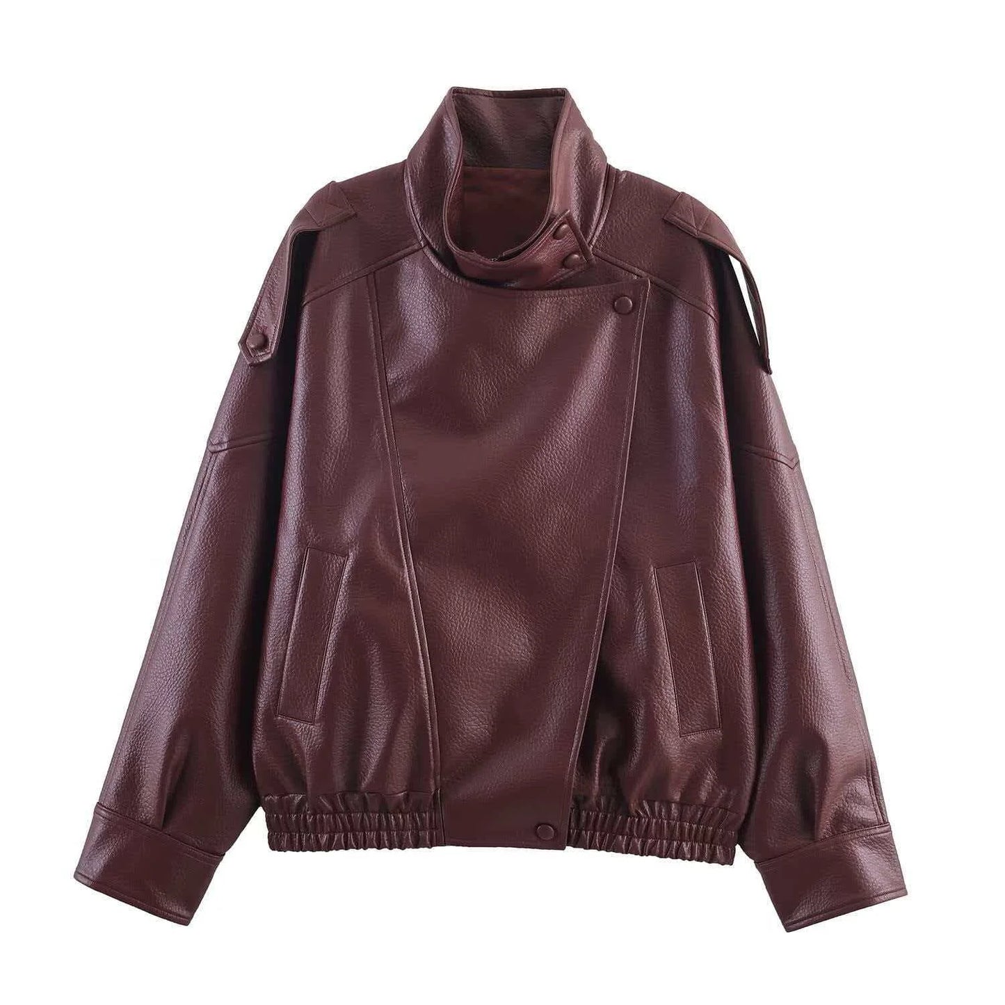 Women's Stand Collar Faux Leather Jacket with Double Button Closure