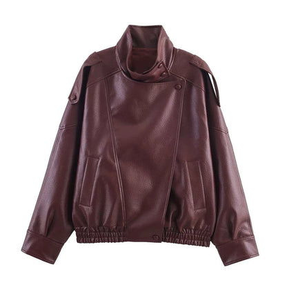 Women's Stand Collar Faux Leather Jacket with Double Button Closure