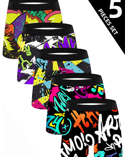 5-Piece Men’s Graffiti-Print Boxer Brief Set – Soft, Comfortable & Skin-Friendly