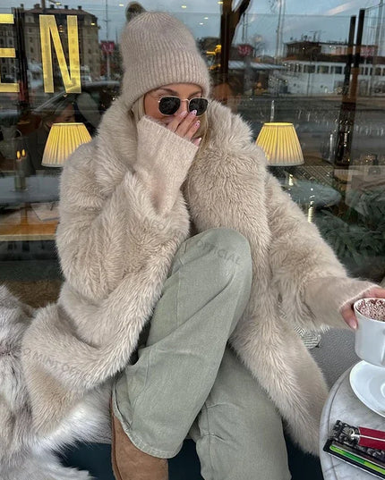 Women's Faux Fur Lapel Coat – Luxury Furry Overcoat for Women