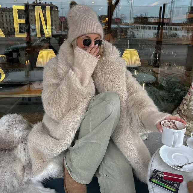 Women's Faux Fur Lapel Coat – Luxury Furry Overcoat for Women
