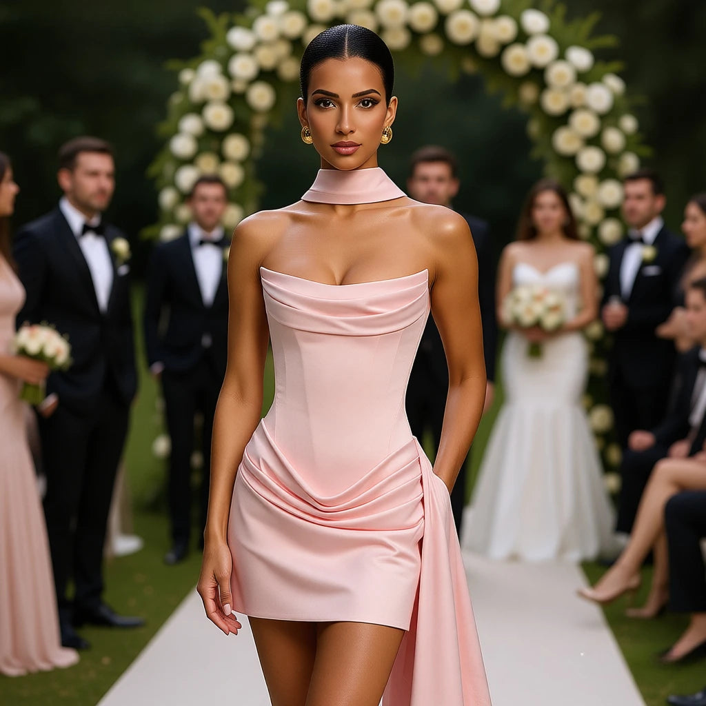 Women's Elegant Strapless Corset Mini Dress with Draped Design and Scarf Accessory Cocktail Party Dresses