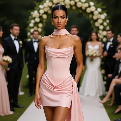 Women's Elegant Strapless Corset Mini Dress with Draped Design and Scarf Accessory Cocktail Party Dresses