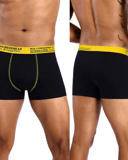 Black boxer briefs with yellow waistband on a white background
